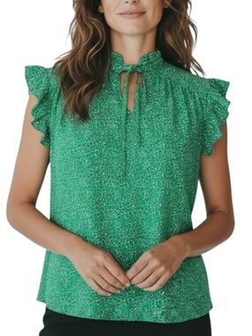 NWT ADRIANNA PAPELL Green Printed Flutter Sleeve Tie Neck Blouse Size X-Large
